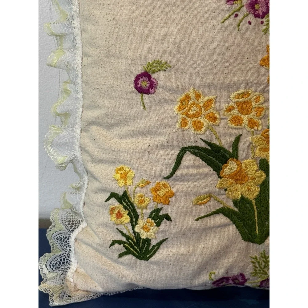 Vintage Crewel Embroidered Floral Throw Pillow Lace Cottagecore